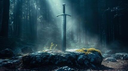 Sunbeam Illuminated Sword in Forest - obrazy, fototapety, plakaty