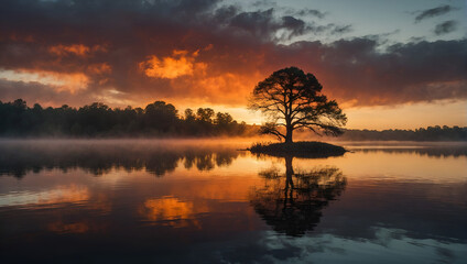 Sunset Over Lake with Lone Tree