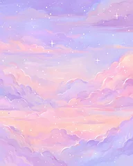 Zelfklevend Fotobehang Pink and Violet landscape with clouds and stars Canvas texture © Jenny