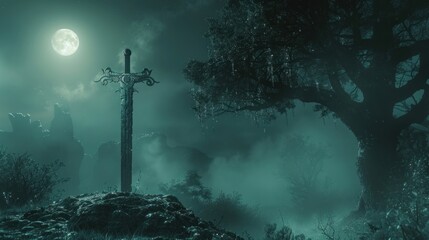 Naklejka premium Moonlit Excalibur in Enigmatic Forest