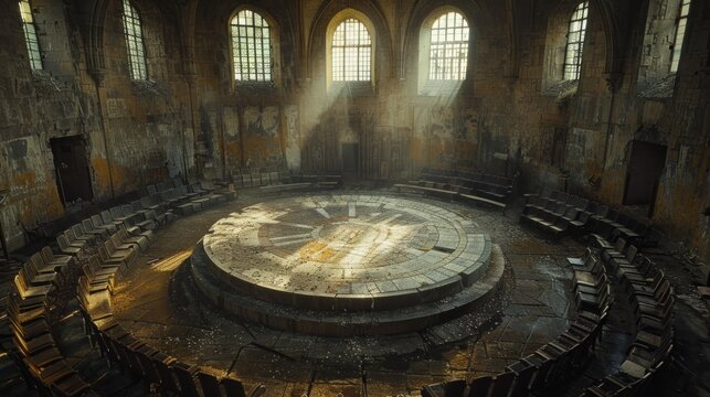 Majestic Round Table in Sunlit Medieval Cathedral