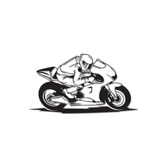simple thick line drawing of realistic gp racing motorbike with side view of thick line vector logo on white background