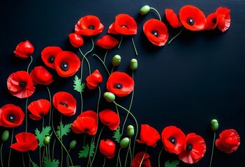 Poppy flower on black textured background Decorative Remembrance Day Memorial - obrazy, fototapety, plakaty