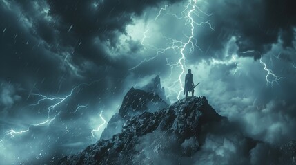 Warrior Contemplating in a Thunderstorm - obrazy, fototapety, plakaty