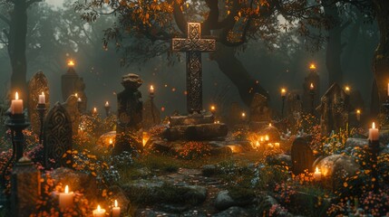 Enchanted Viking Cemetery with Magical Glow - Ethereal Nordic Mythology Scene - obrazy, fototapety, plakaty