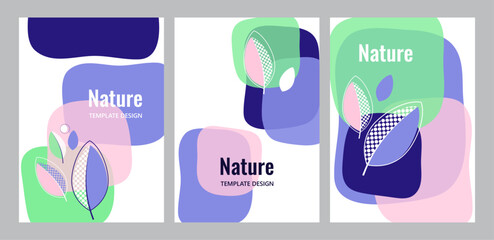 Set of vector illustrations with colorful abstract leaves and geometric shapes. Fashionable design templates, modern style. Useful for cover, flyer, poster. Vector