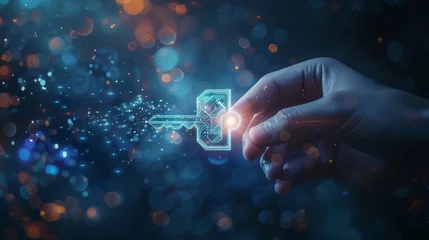Foto op Plexiglas Futuristic image of person's hand holding glowing digital key, unlocking advanced technology and innovation © Bijac