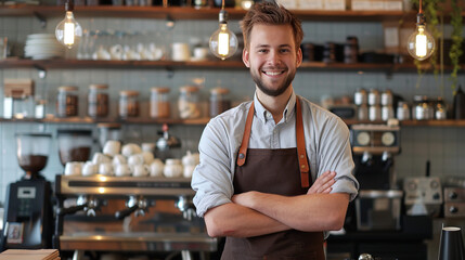 Portrait of a handsome barista in apron standing at a modern coffee shop, Small business owner,...