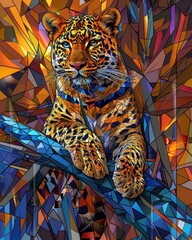 Vivid Low Poly Jaguar on a Crystal Geometric Background