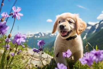 Puppy Retriever with two white doves flying in the background with a blue sky and beautiful, colorful flowers, the dog is standing up