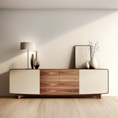 Mid-century interior design of modern living room, home. Wooden sideboard with home decor pieces against white wall with copy space.