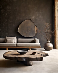Nomadic interior design of modern living room, home. Live edge coffee table near grey rustic sofa against black venetian stucco wall. - 760998282