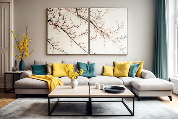 Art deco interior design of modern living room, home. Grey sofa with vibrant yellow and turquoise pillows.