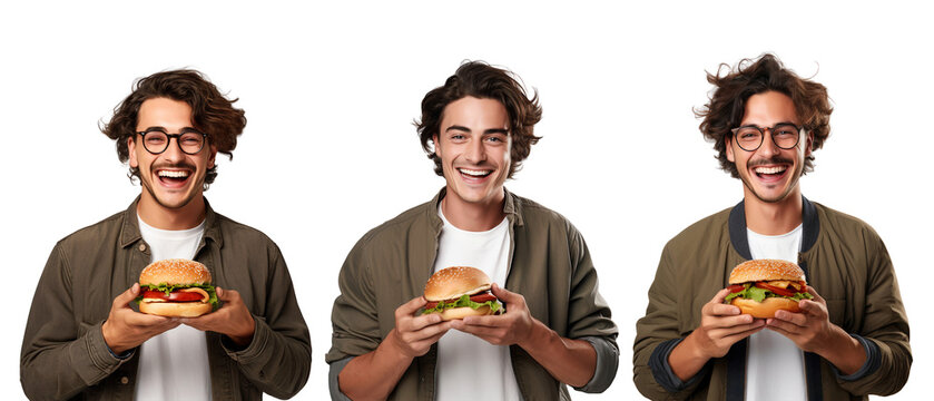 Portrait of happy smiling young guy eating hamburger wearing glasses, collection pictures,  isolated on transparent background