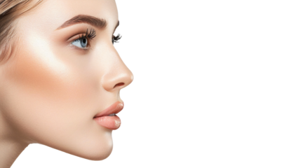 Close-up portrait of a beautiful woman with healthy facial skin, side view, isolated on a transparent background