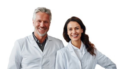 Portrait of a smiling doctor and nurse, isolated cutout people on transparent background 