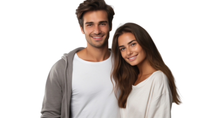 Portrait of happy smiling young couple hugging each other, isolated cutout people on transparent background