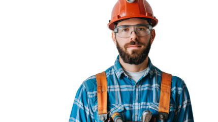 Portrait of a construction worker smiling with helmet, close-up portrait, isolated on a transparent background