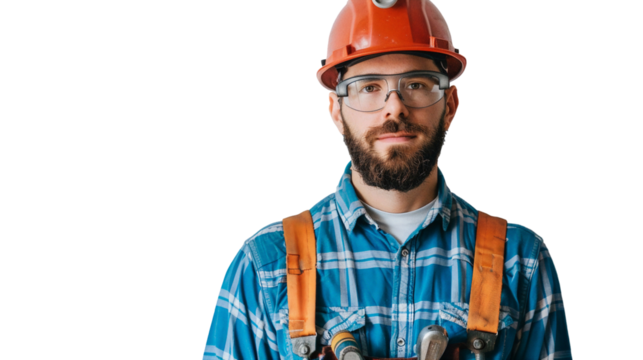 Portrait of a construction worker smiling with helmet, close-up portrait, isolated on a transparent background