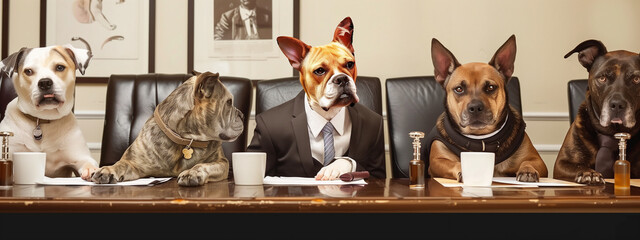 Dogs at formal board meeting, lookingd distracted and bored. - obrazy, fototapety, plakaty