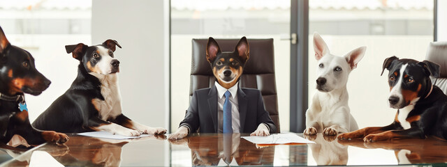 Whimsical chairman and other dogs in formal office meeting.