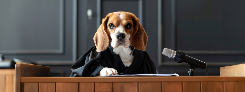 Legal Beagle, dog formally dressed as presiding judge in court.