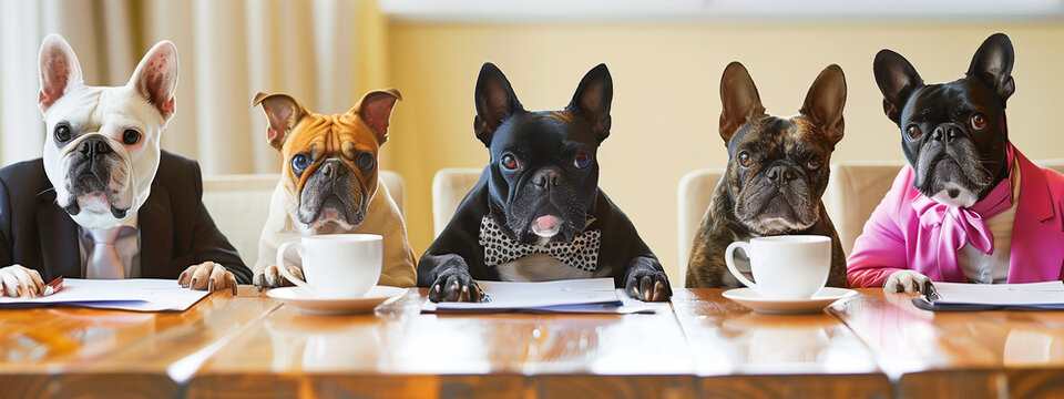 Dogs in formal dress at meeting, looking confused an worried.