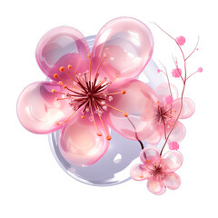 a 3D soapy flower sprig with a transparent glass bubble on bacground
