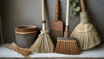 broom and bucket.a rustic-inspired WBM Home broom, brush, and dustpan set with wooden handles and natural fiber bristles. The composition should evoke a sense of farmhouse charm and nostalgia, with ha - obrazy, fototapety, plakaty