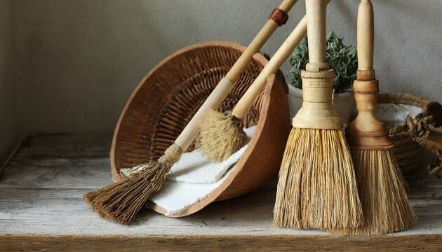 a rustic-inspired WBM Home broom, brush, and dustpan set with wooden handles and natural fiber bristles. The composition should evoke a sense of farmhouse charm and nostalgia, with handcrafted details