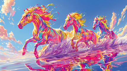 Tęczowe konie biegną przez wodę - obrazy, fototapety, plakaty