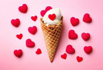 Valentine's day background. Ice cream waffle cone with ginger cookie in shape heart on pink