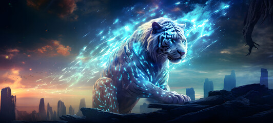 photograph of a white tiger adorned in celestial sun and moon, ai generative