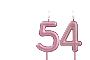 Candle number 54 - Lit birthday candle on white background