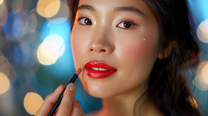 close-up photo of beautiful face of Asian woman testing facial cosmetics. AI generated