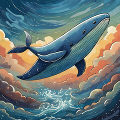 하늘을 날아오르는 귀여운 고래 - obrazy, fototapety, plakaty