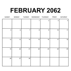february 2062. monthly calendar design. week starts on sunday. printable, simple, and clean vector design isolated on white background.