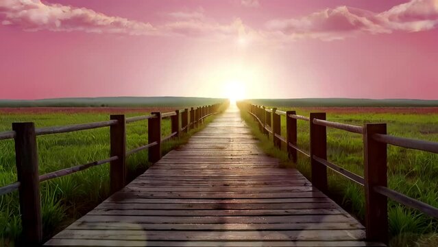 Wooden walkway leading to the sunset in the meadow
