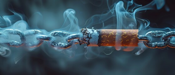 Detailed image of smoke chains binding a cigarette, illustrating addictions hold and the challenge of breaking free. - obrazy, fototapety, plakaty