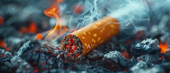 Close-up of a burning cigarette with a toxic symbol in the smoke, warning of the poisonous chemicals in tobacco. - obrazy, fototapety, plakaty