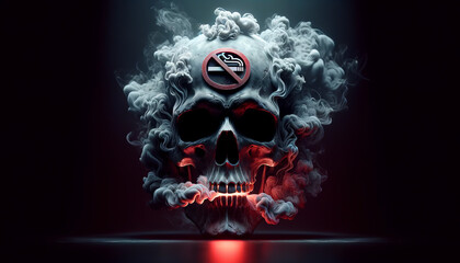 A haunting skull enveloped in smoke features a prominent no smoking sign, evoking a strong anti-tobacco message.
