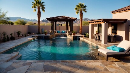 Fototapeta na wymiar Outdoor custom pool and living area