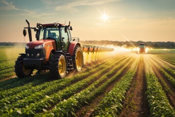Tractor machine spraying pesticide fertilizer on soybean crop farmland. agriculture, farming and harvesting - obrazy, fototapety, plakaty