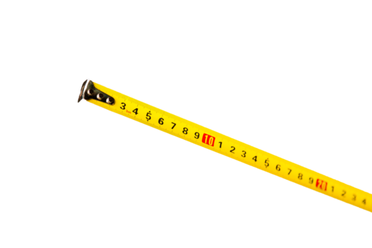 Yellow tape measure isolated on neutral background. Measurement concept. Masonry concept