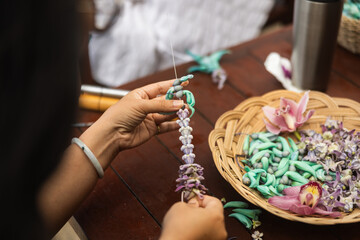 Close-up of a woman making lei in Hawaii, plumeria flowers garland crown handmade.