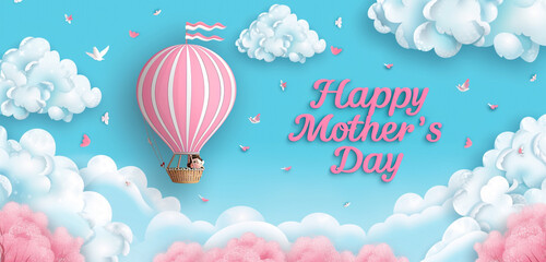 Cartoon of a whimsical hot air balloon floating among clouds on a sky blue background for a dreamy "Happy Mother's Day" wish written very big