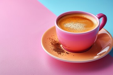 Coffee Cup on Pink and Blue Table. Generative AI