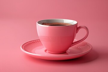 Pink Coffee Cup and Saucer on Pink Background. Generative AI
