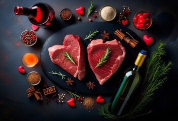 Different degrees of roasting heart-shaped beef steak - obrazy, fototapety, plakaty