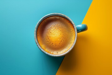 Coffee Cup on Blue and Yellow Table. Generative AI - obrazy, fototapety, plakaty
